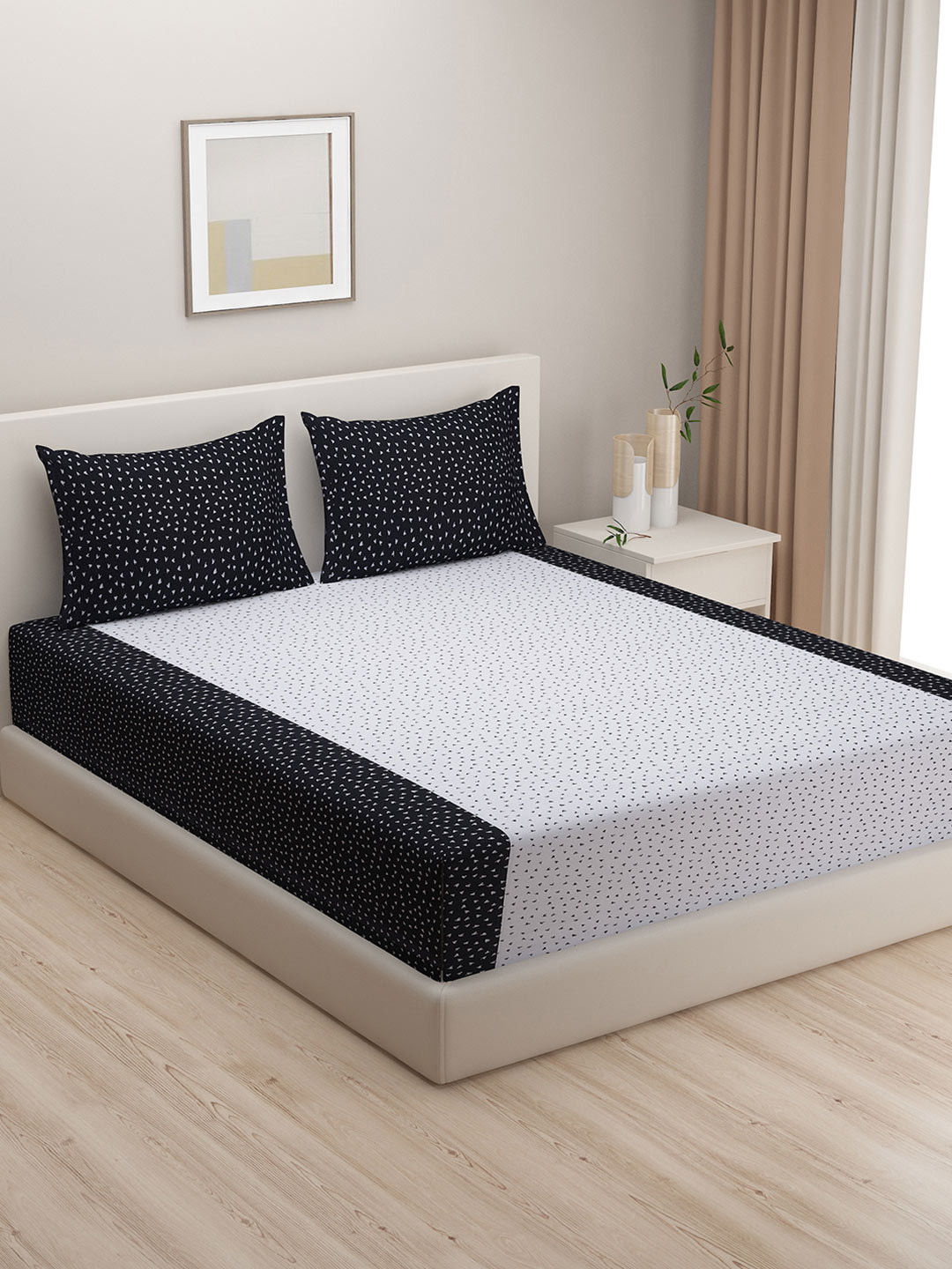 SWAYAM White Conversational Pure Cotton 200 TC King Fine Bedsheet with 2 Pillow Covers-89 x 108 inches