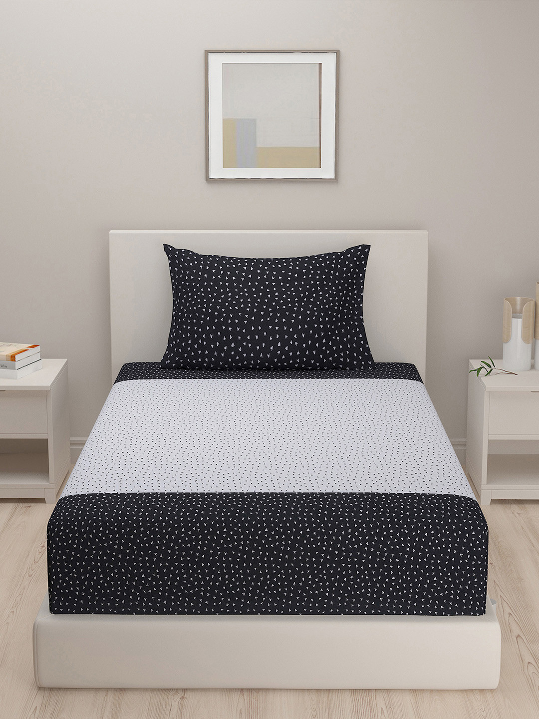 SWAYAM White Conversational Cotton 200 TC Single Fine Bedsheet with a Pillow Cover-90 x 59 inches