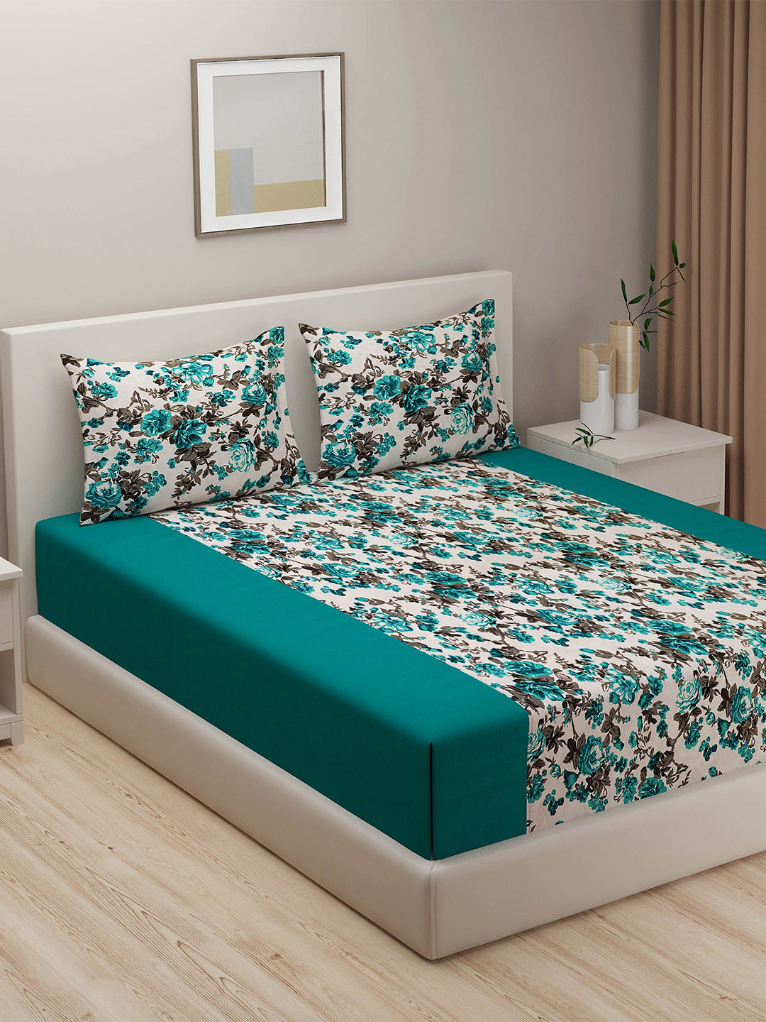SWAYAM Shades Of Paradise Green Floral Cotton 180 TC King Fine Bedsheet with 2 Pillow Covers-90 x 108 inches