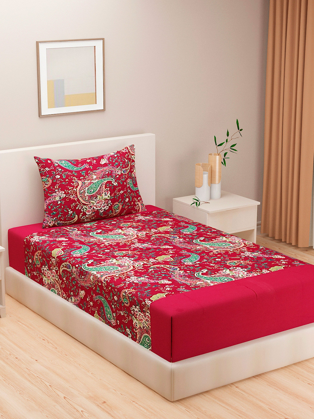 SWAYAM Shades Of Paradise Maroon Paisley Pure Cotton 200 TC Single Fine Bedsheet with a Pillow Cover-90 x 59 inches