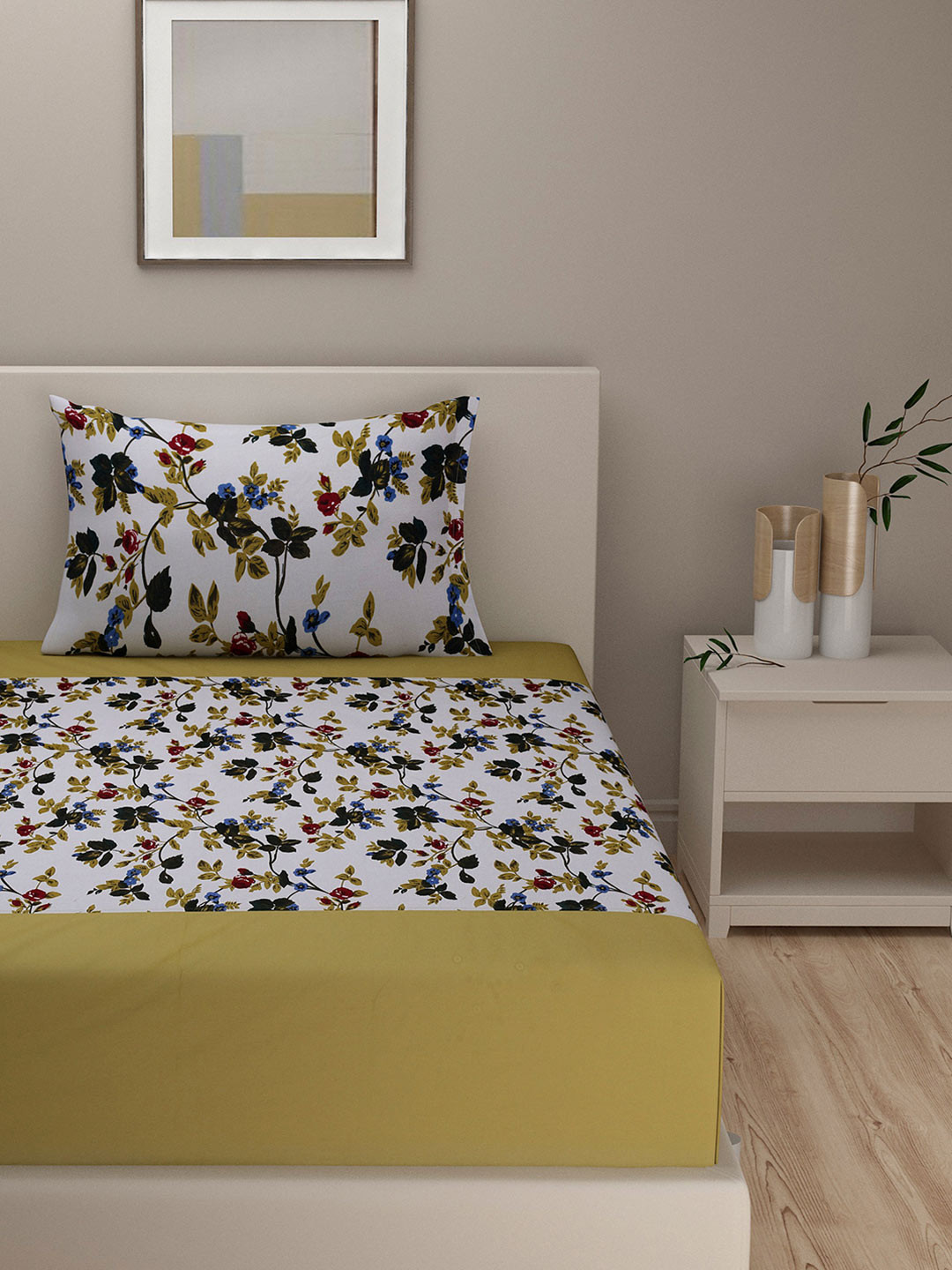 SWAYAM Shades Of Paradise White Floral Pure Cotton 180 TC Single Fine Bedsheet with a Pillow Cover-90 x 59 inches