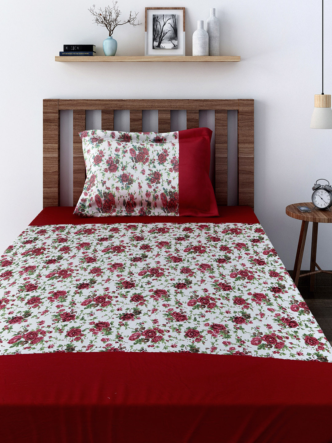 SWAYAM Shades Of Paradise White Floral Cotton 180 TC Single Fine Bedsheet with a Pillow Cover-90 x 59 inches