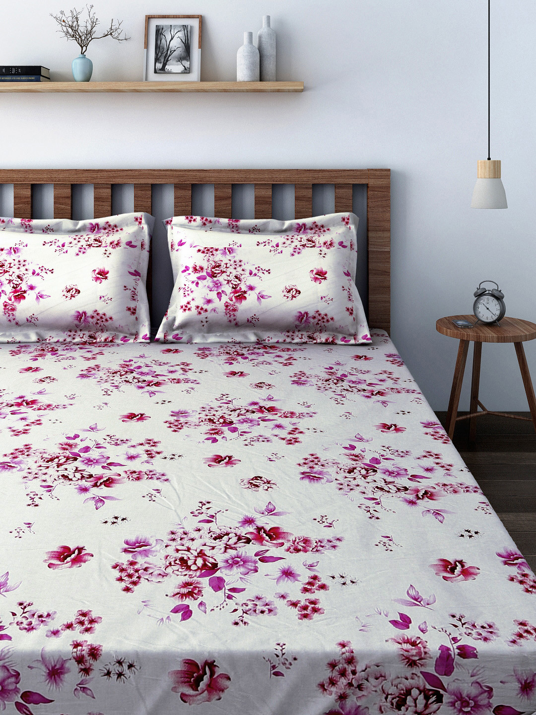 SWAYAM Veda Off White Floral Pure Cotton 160 TC King Bedsheet with 2 Pillow Covers-90 x 108 inches