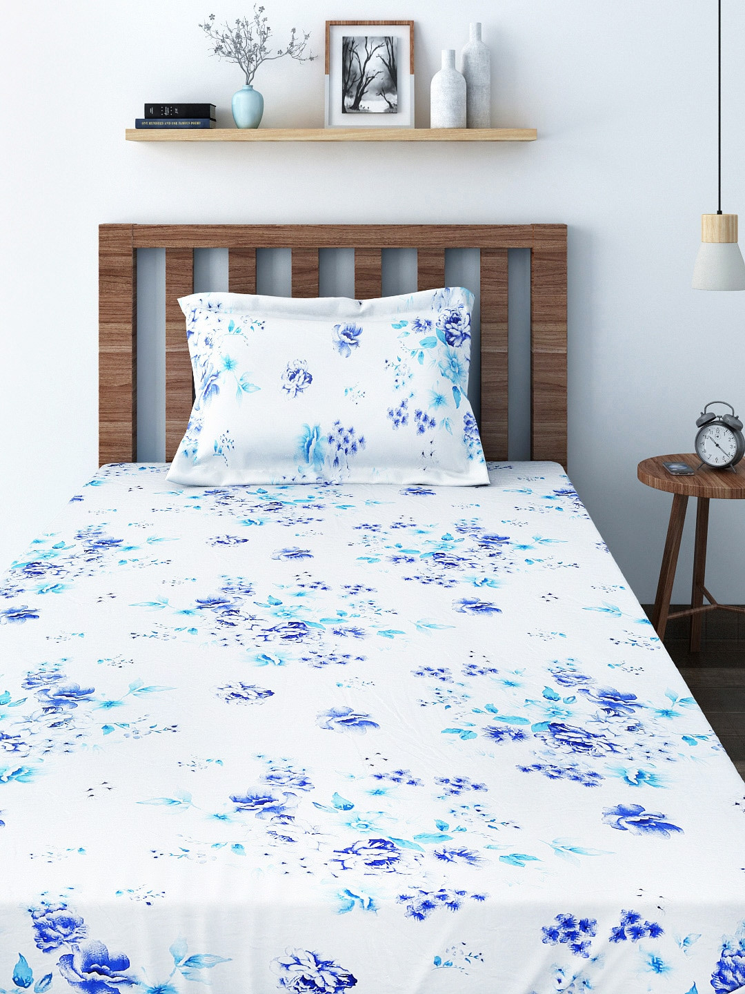 SWAYAM Off White Floral Cotton Breathable 144 TC Single Bedsheet with a Pillow Cover-90 x 59 inches