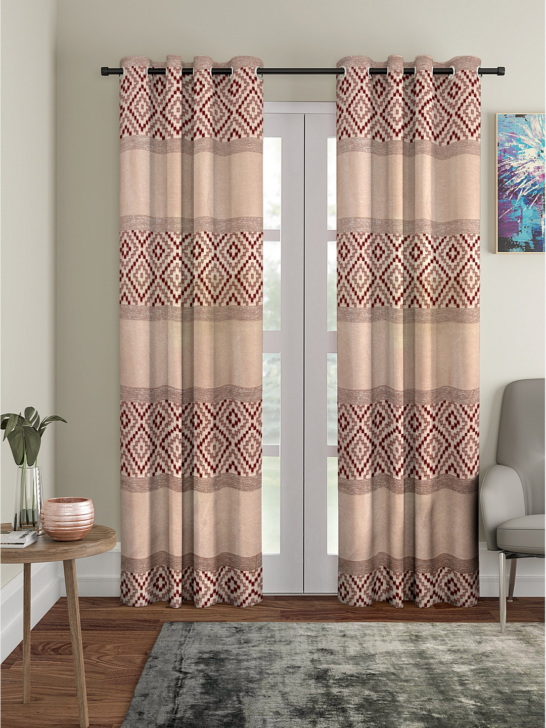 Cortina Set Of 2 Beige & Maroon Door Curtains