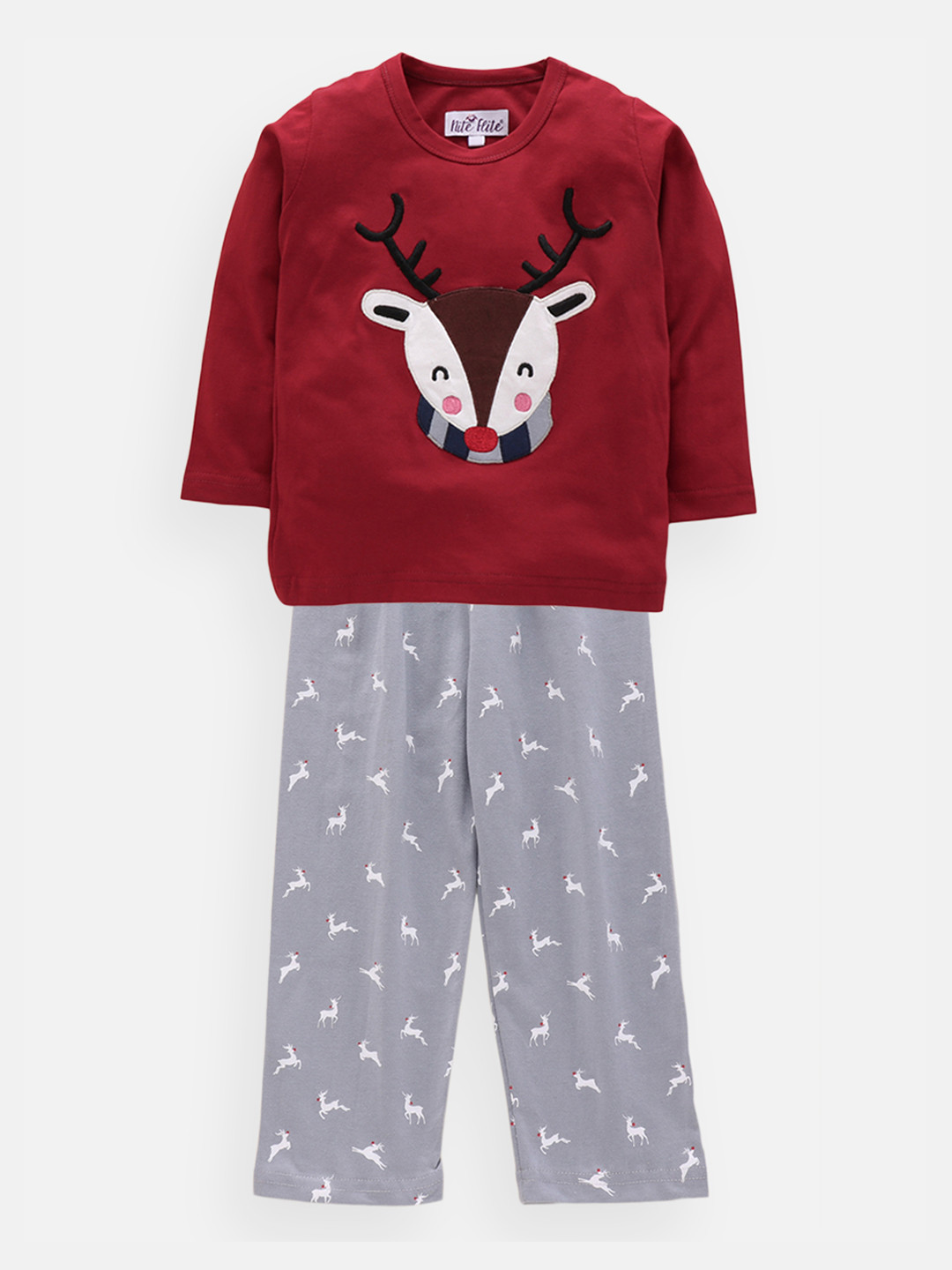 Nite Flite Kids Maroon & Grey Reindeer Printed Night Suit
