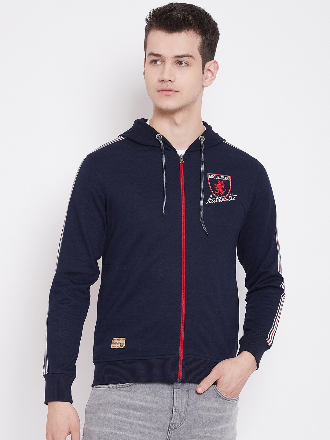 Adobe Men Navy Blue Solid Hooded Sweatshirt