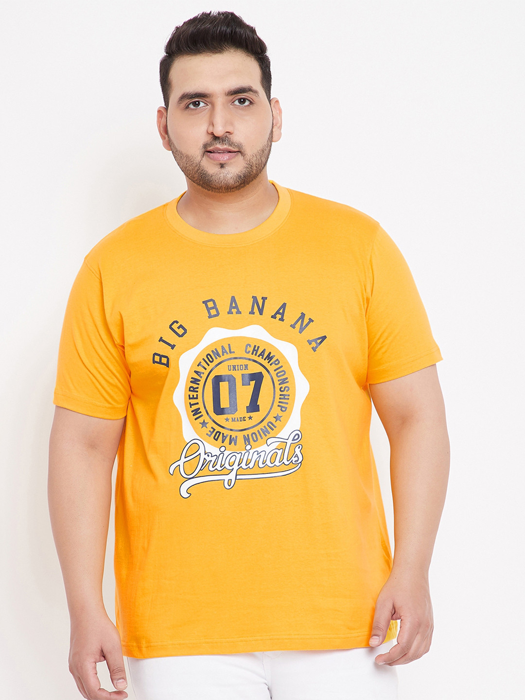 bigbanana Men Plus Size Yellow Printed Round Neck Pure Cotton T-shirt