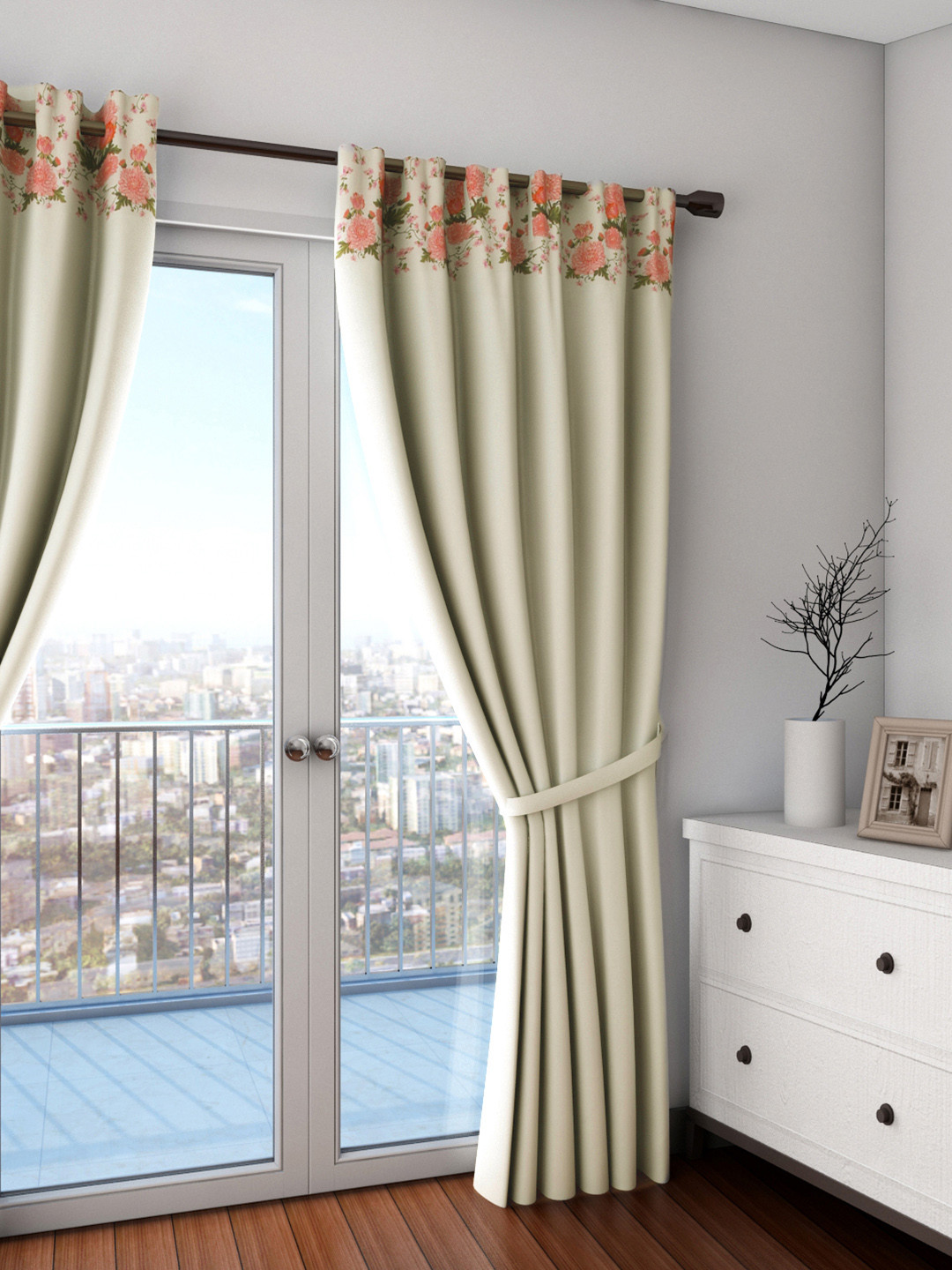 SWAYAM Cream-Coloured Single Floral Print Blackout Door Curtain