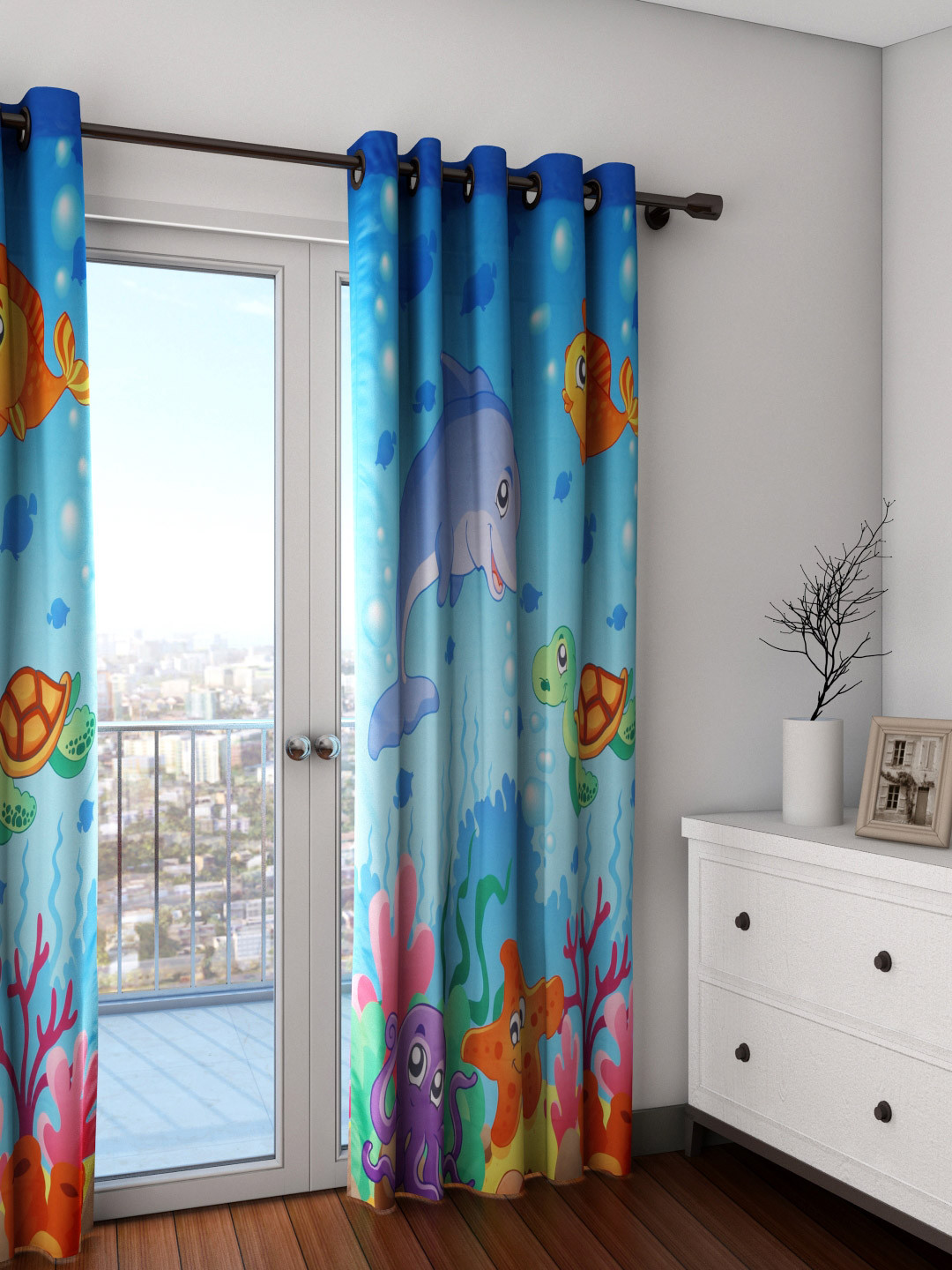 SWAYAM Kids Blue 250 GSM Single Cartoon Printed Door Curtain