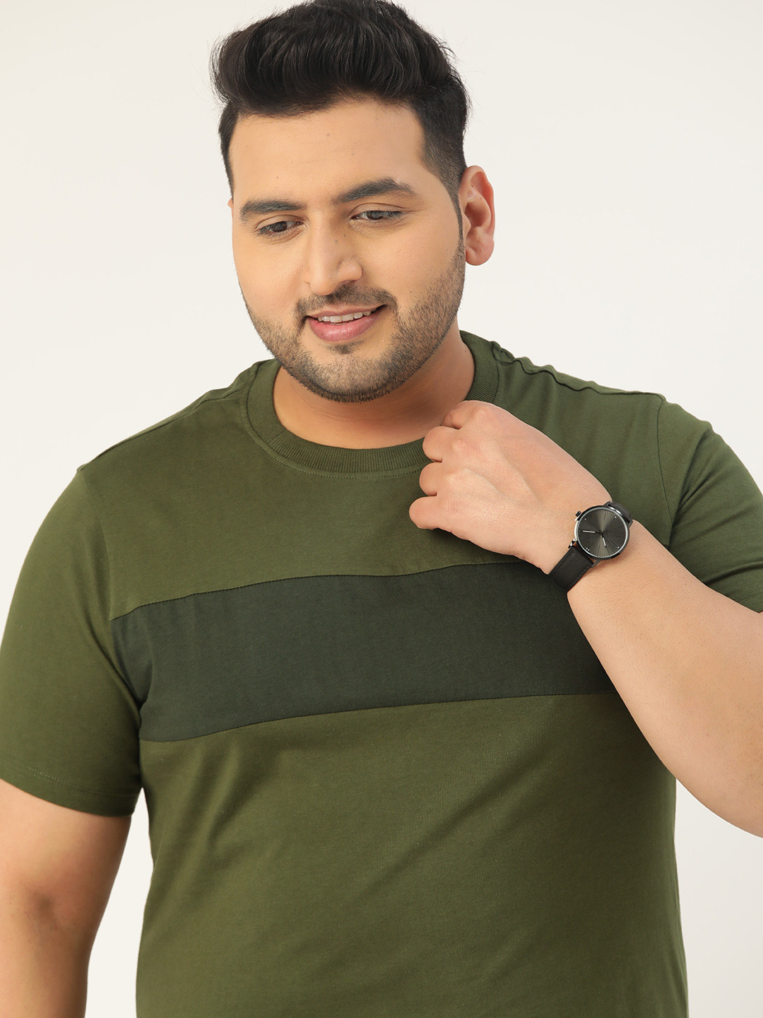 Sztori Men Plus Size Olive Green Pure Cotton Solid Round Neck T-shirt