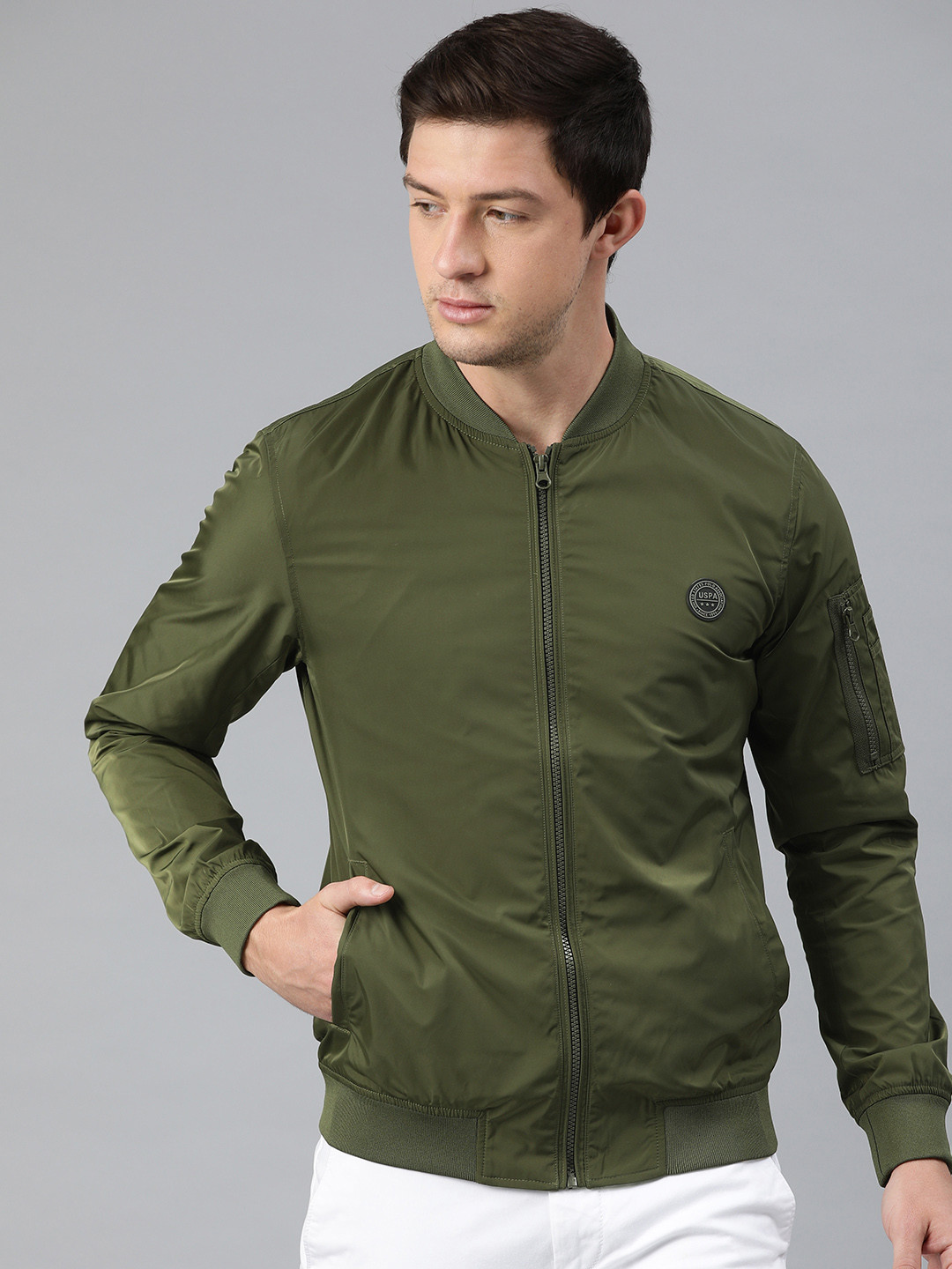 U.S. Polo Assn. Men Olive Green Solid Bomber Jacket