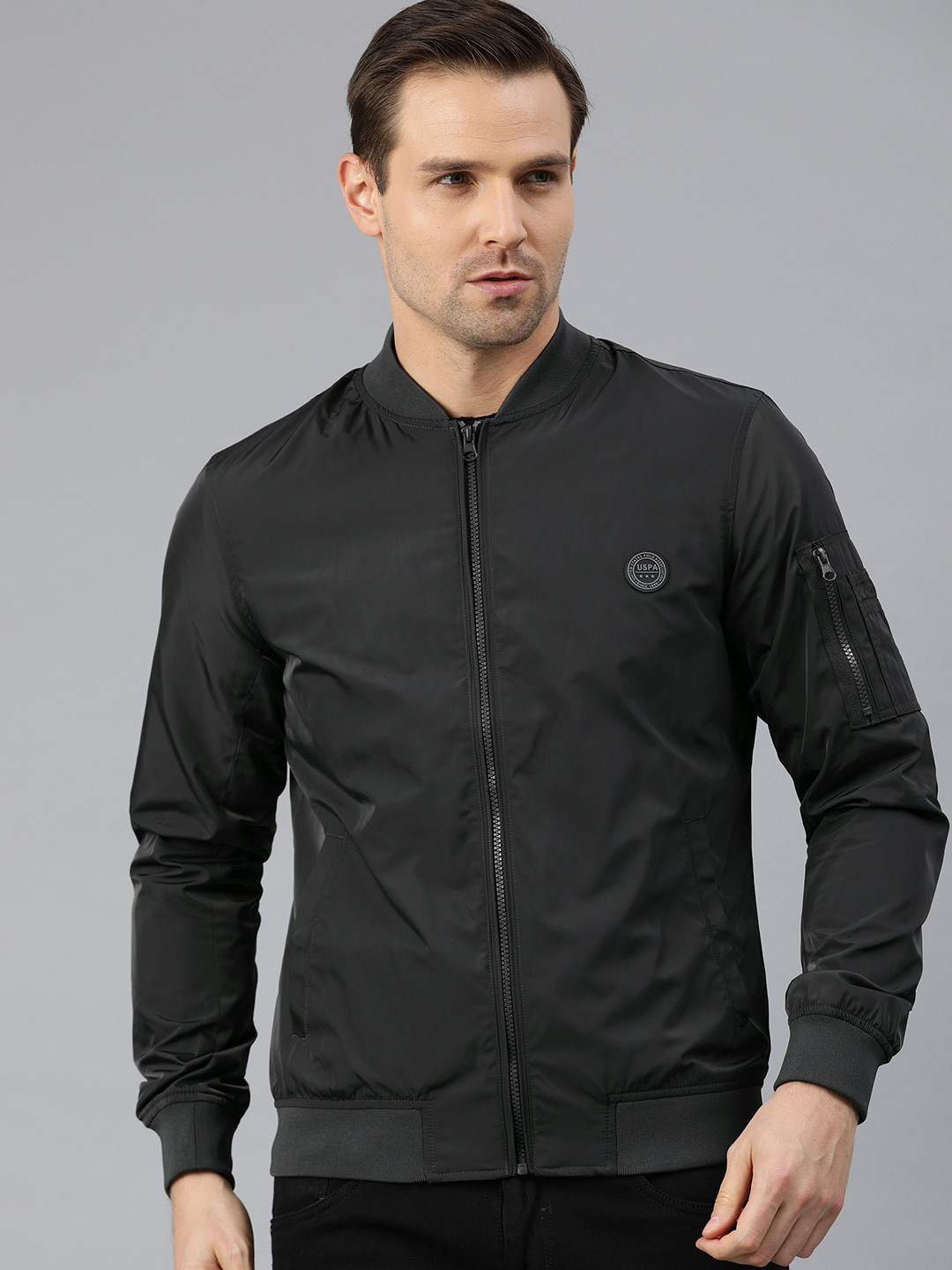 U.S. Polo Assn. Men Charcoal Grey Solid Bomber