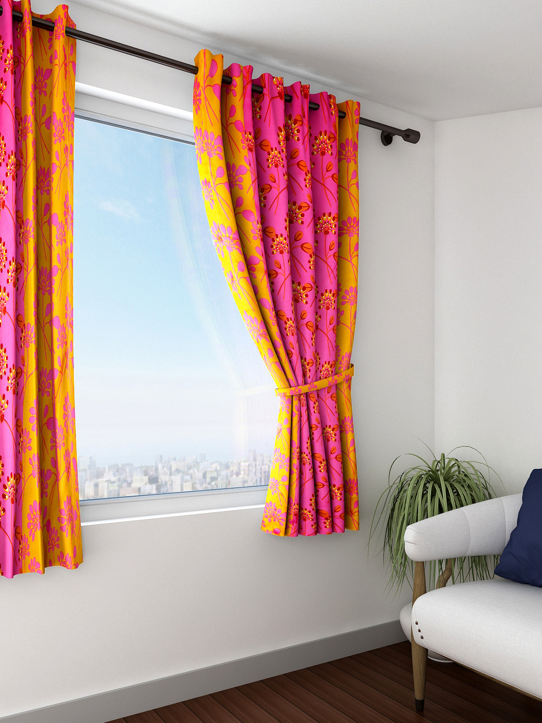SWAYAM Sigma Pink & Orange Single Printed Blackout Window Curtain