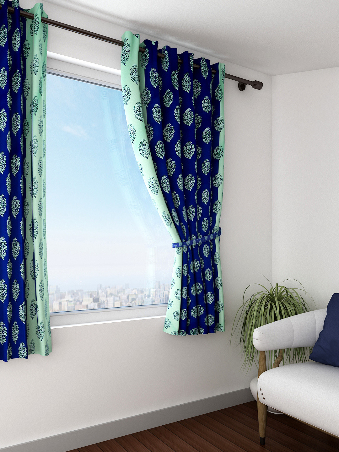 SWAYAM Sigma Navy & Green Single Ethnic Print Blackout Window Curtain