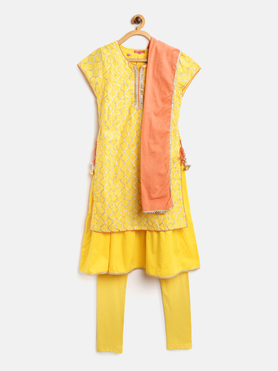 Biba Girls Yellow & Golden Gota Patti Work Layered Kurta with Churidar & Dupatta