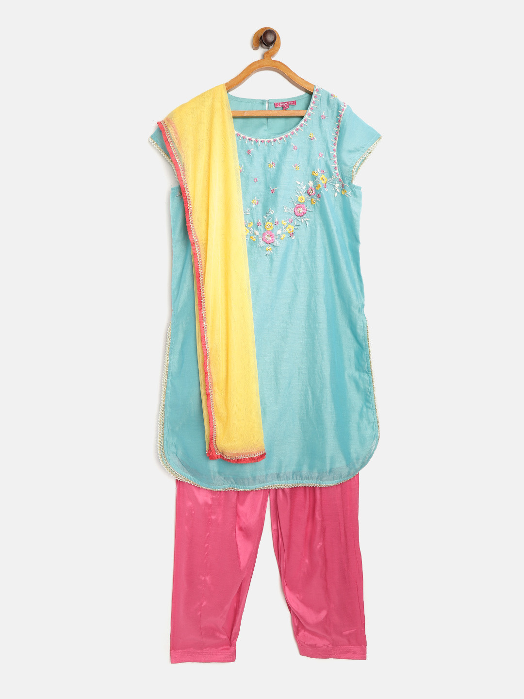 Biba Girls Turquoise Blue & Pink Satin Finish Yoke Design Kurta with Salwar & Dupatta