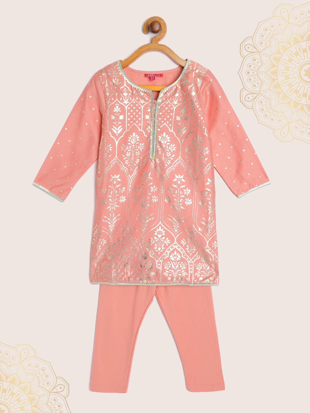 Biba Girls Peach-Coloured & Golden Ethnic Motifs Printed Pure Cotton Kurta with Churidar