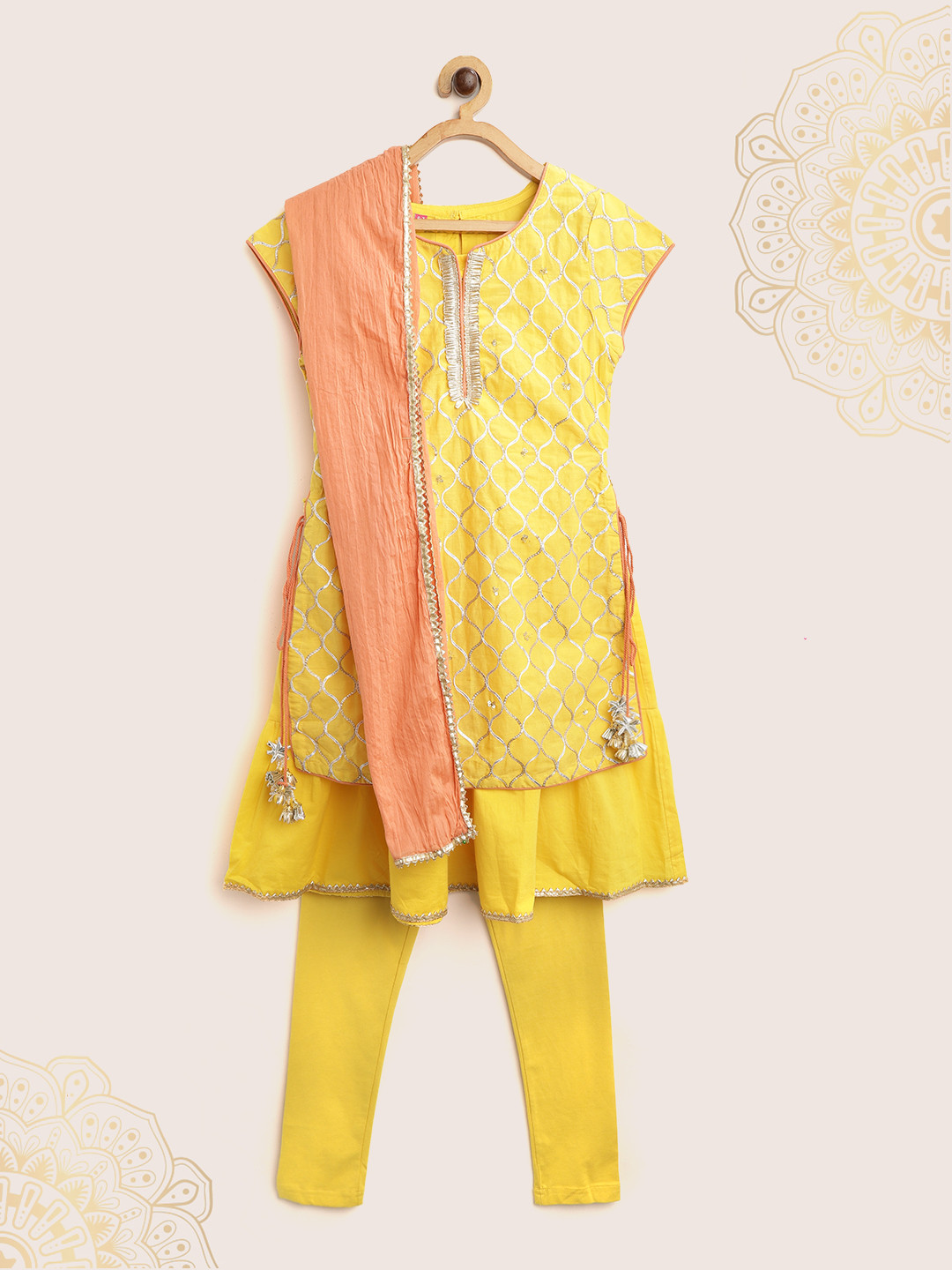 Biba Girls Yellow & Golden Self Design Layered A-Line Kurta with Leggings & Dupatta