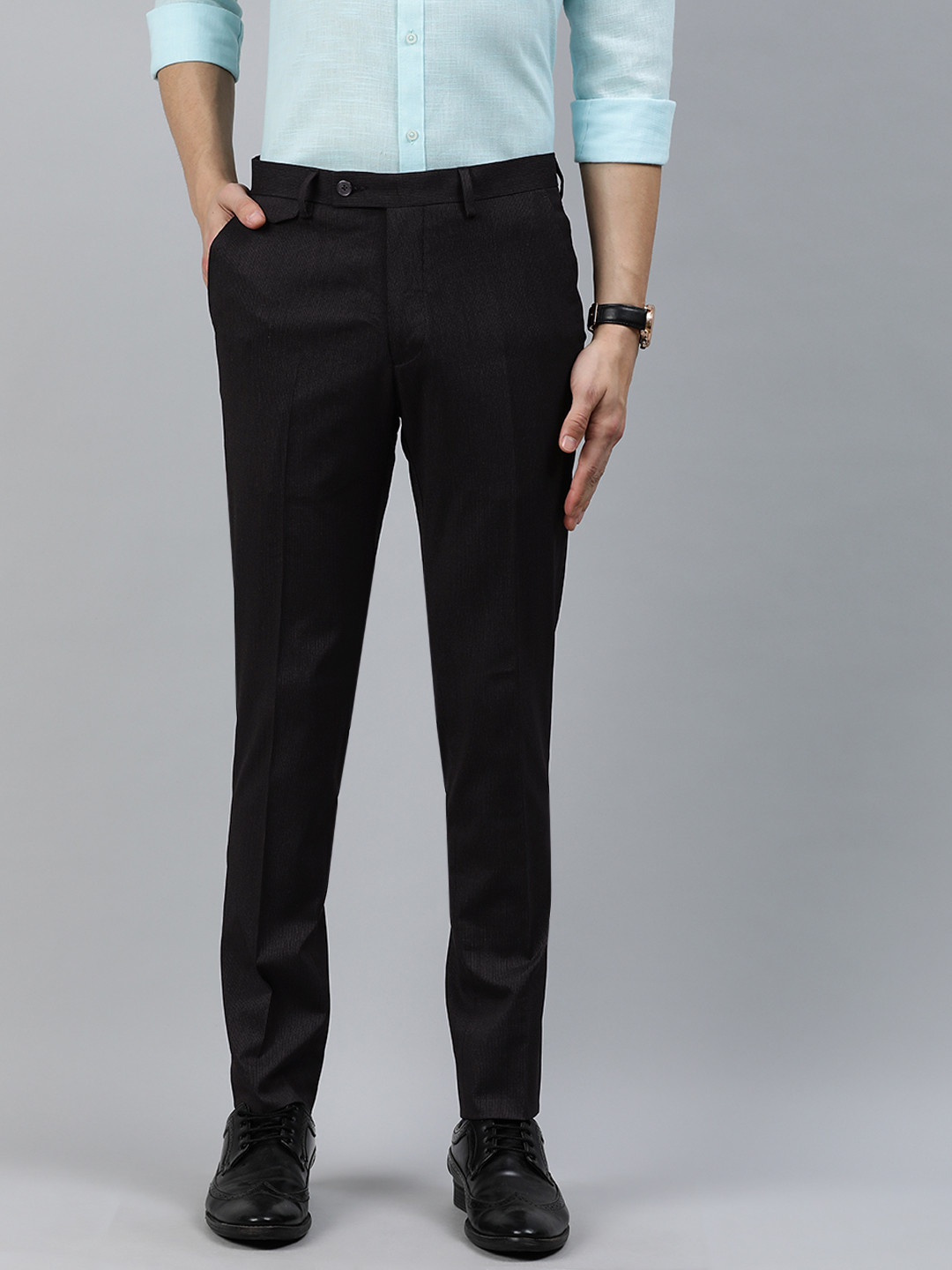 Arrow New York Men Black Tapered Fit Self Design Formal Trousers