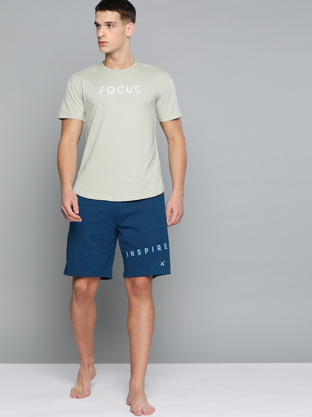 HRX By Hrithik Roshan Men Estate Blue Typographic Regular Fit Organic Cotton Antimicrobial Yoga   Shorts