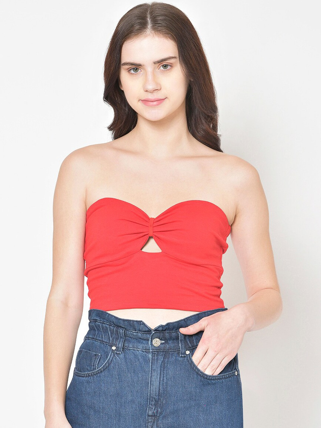 Cation Women Red Solid Crop Tube Pure Cotton Top