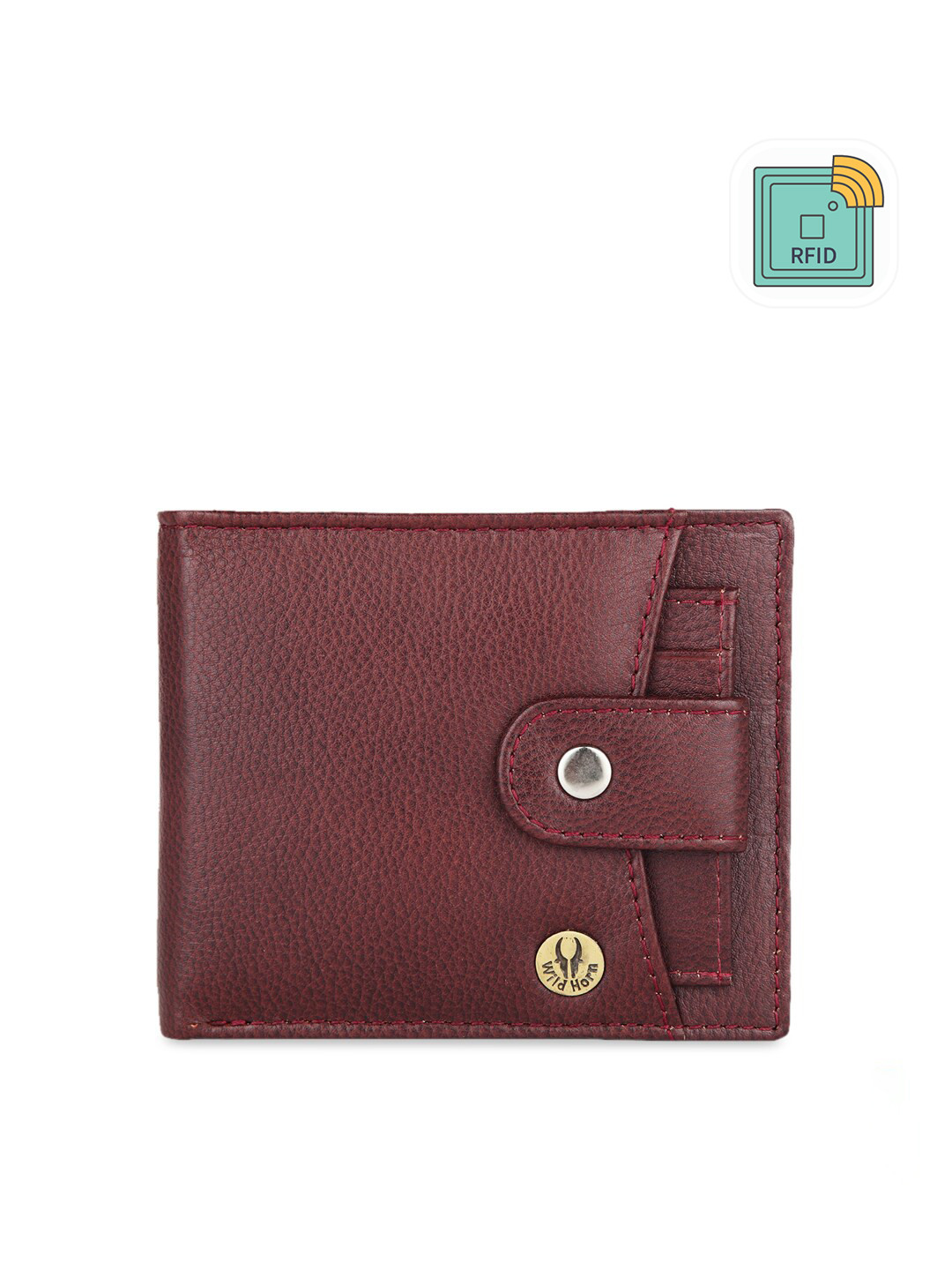 WildHorn Men Maroon Solid RFID Protected Water Resistant Genuine Leather Two Fold Wallet