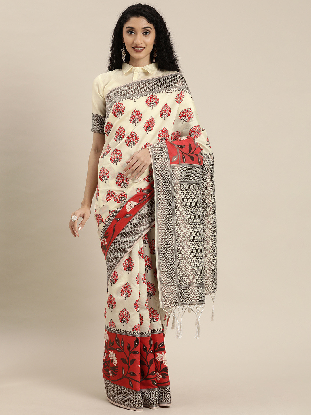 Inddus Off-White & Rust Orange Silk Blend Woven Design Saree