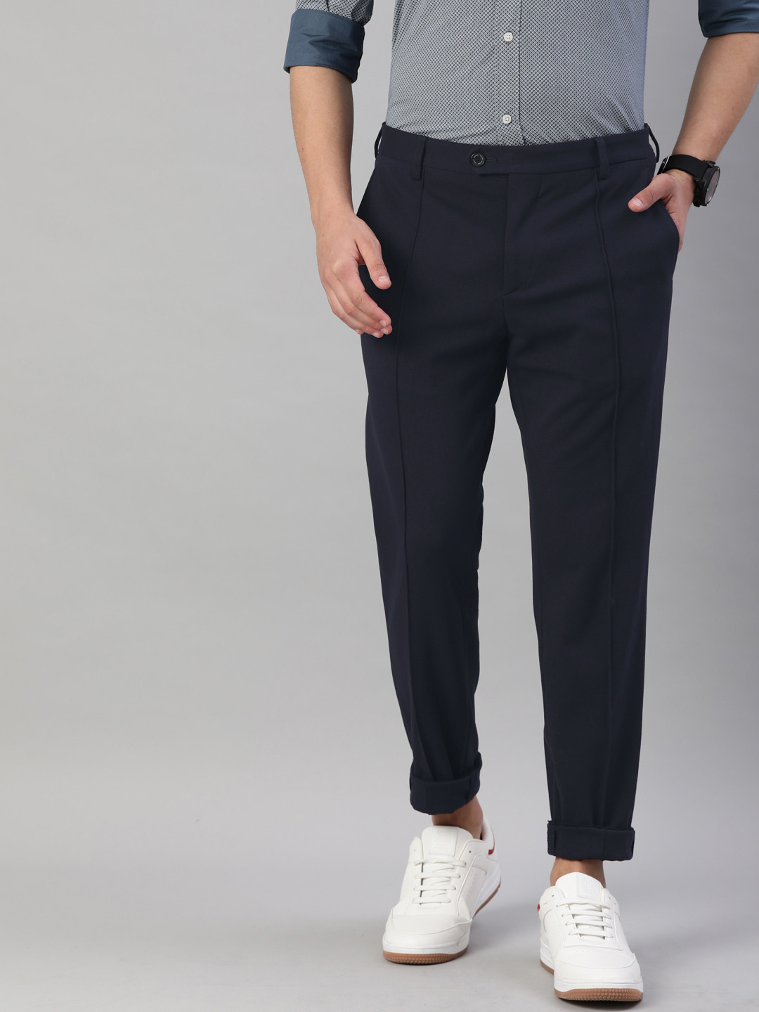 Tommy Hilfiger Men Navy Slim Fit Jersey Flex Knitted Solid Trousers