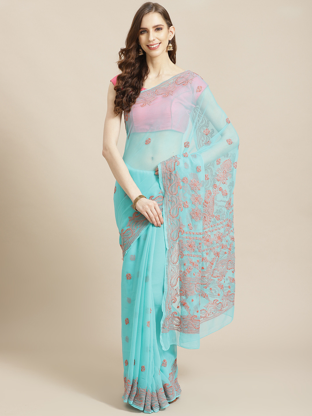 ADA Sea Green & Pink Chikankari Hand Embroidered Saree