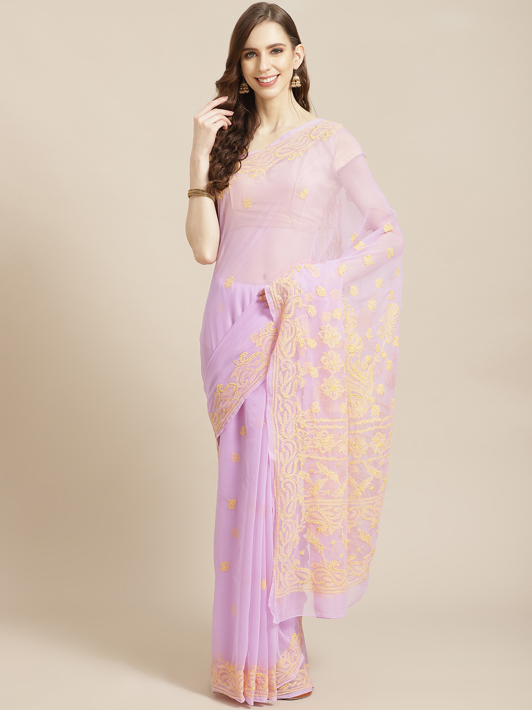 ADA Purple & Yellow Chikankari Hand Embroidered Sustainable Handloom Saree