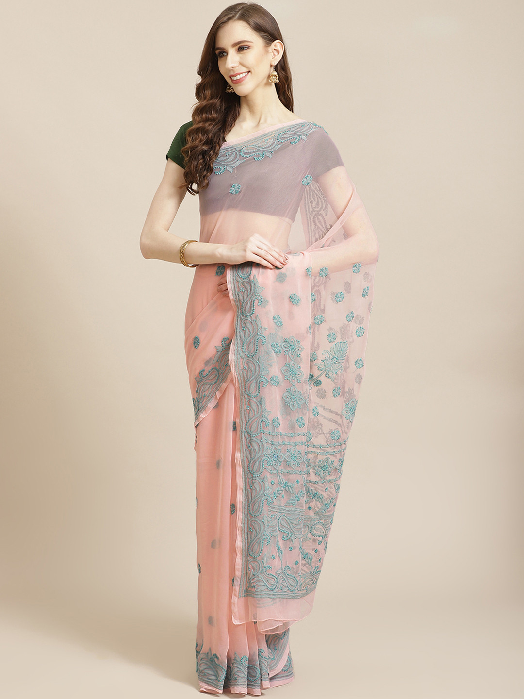 ADA Pink & Sea Green Chikankari Hand Embroidered Handloom Saree