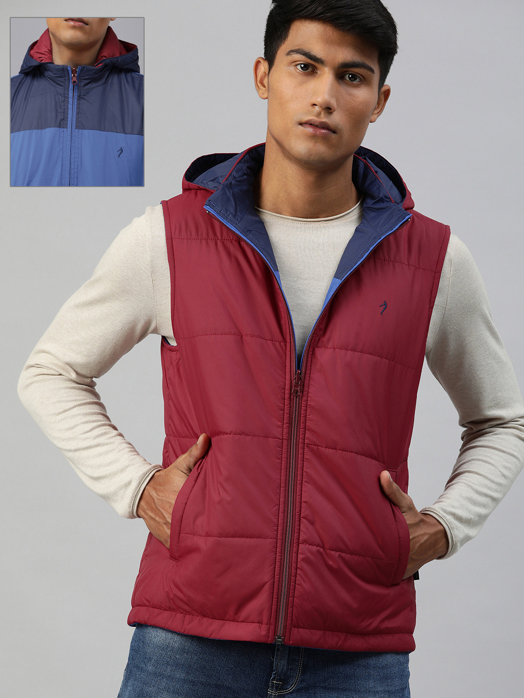 Indian Terrain Men Red Solid Reversible Padded Jacket With Detachable Hood