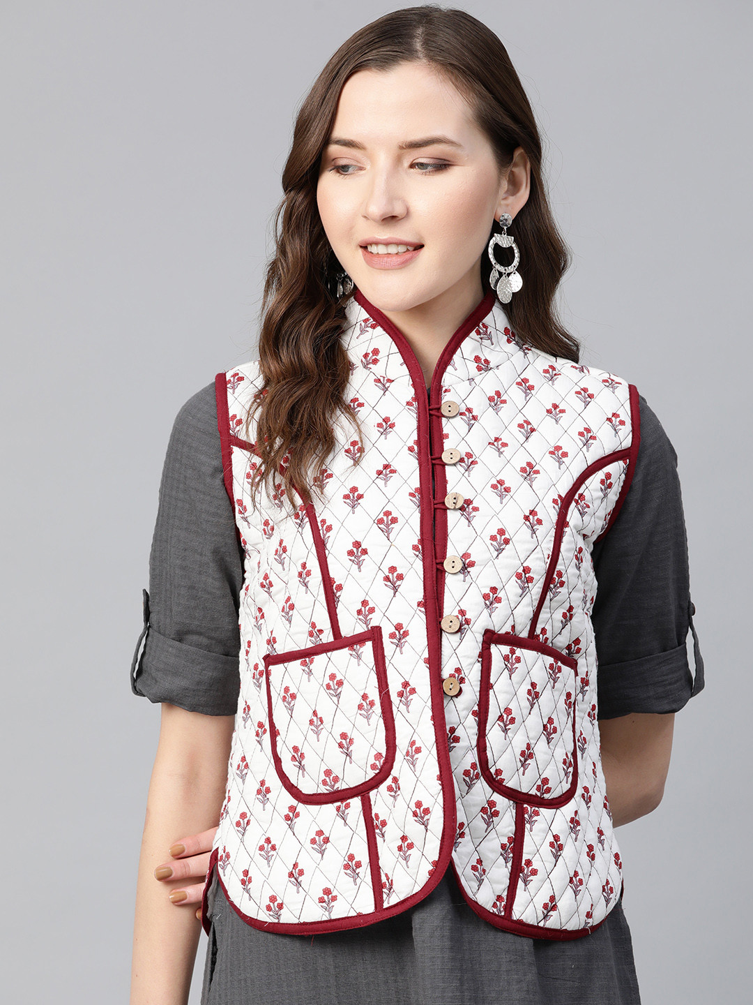 Bhama Couture Women Off-White & Maroon Printed Lightweight Quilted Jacket