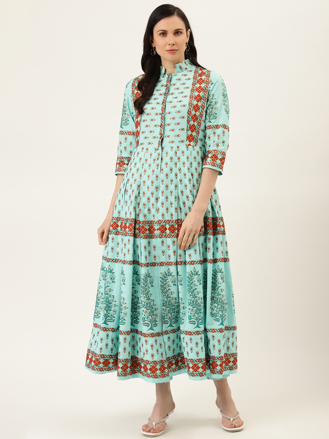 Sera Women Blue & Red Printed Cotton Front Slit A-Line Kurta with Palazzos
