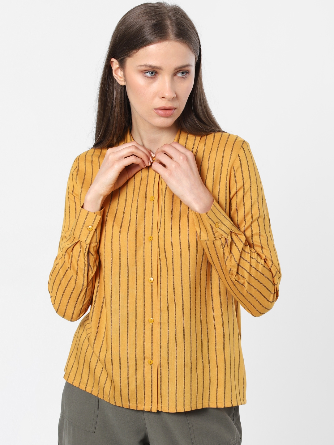ONLY Women Mustard Yellow   Black Regular Fit Printed Casual Shirt