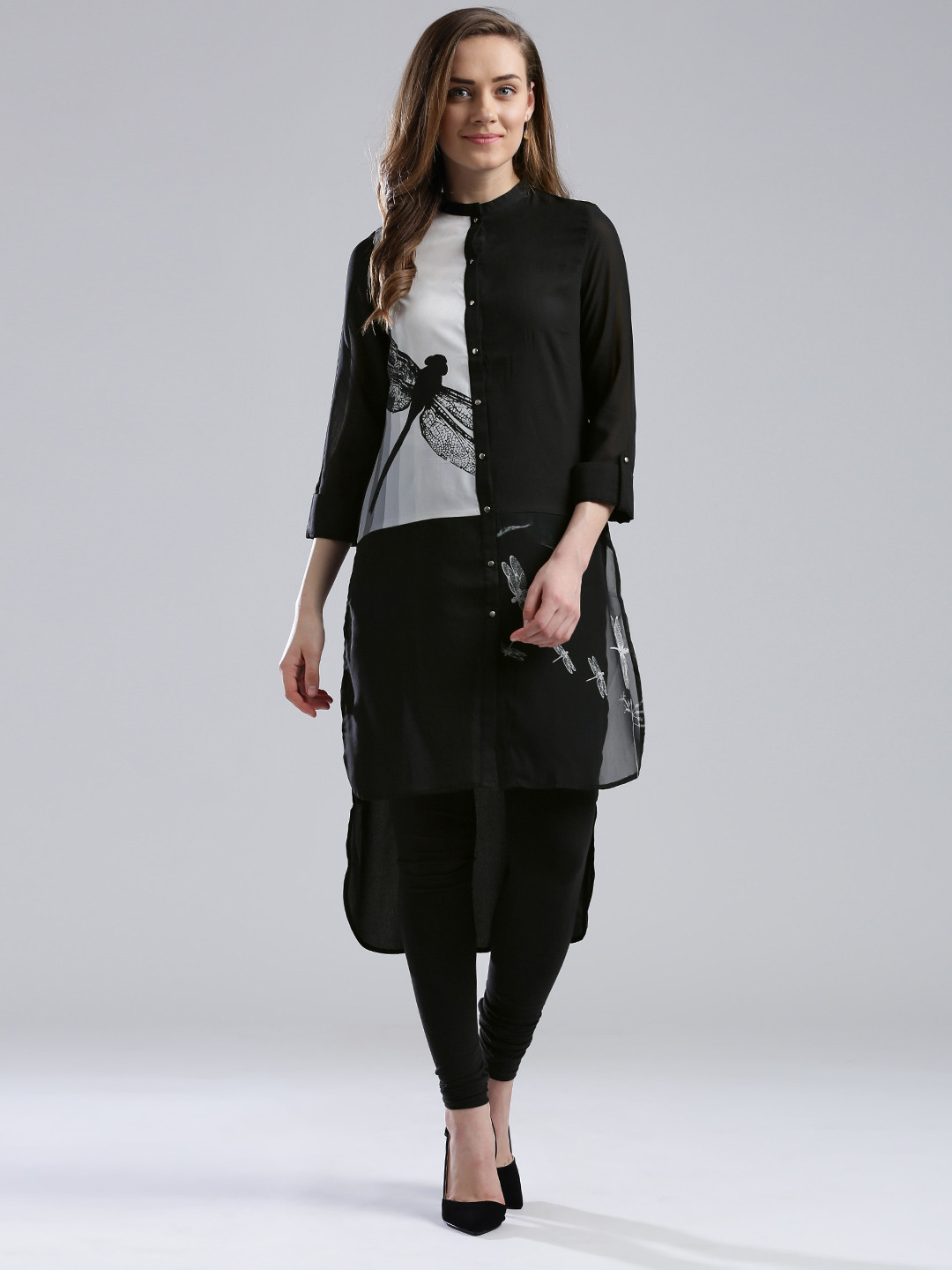 W Black Polyester Quirky Printed Panelled High-Low Kurta