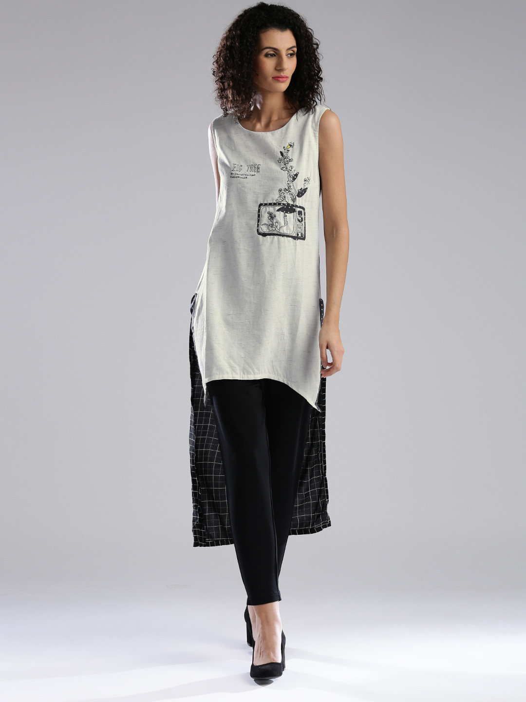W Off-White & Black Embroidered Checked High-Low Kurta