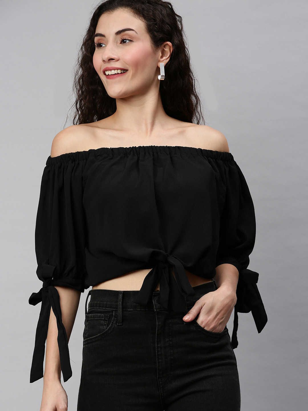 RHHENSO Women Black Solid Cropped Bardot Top with Tie-Ups