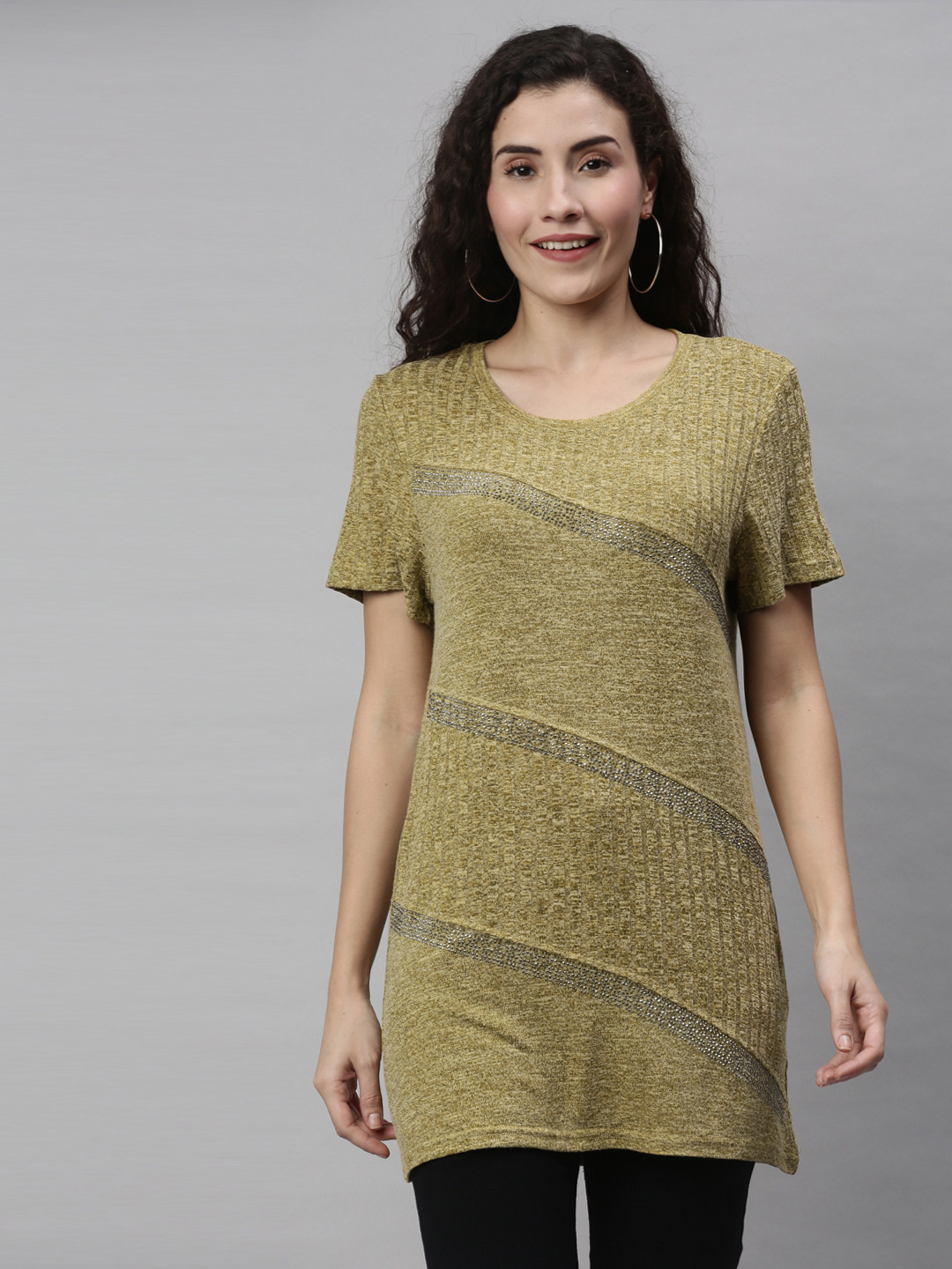 RHHENSO Women Olive Self Design Longline Vegan T-shirt