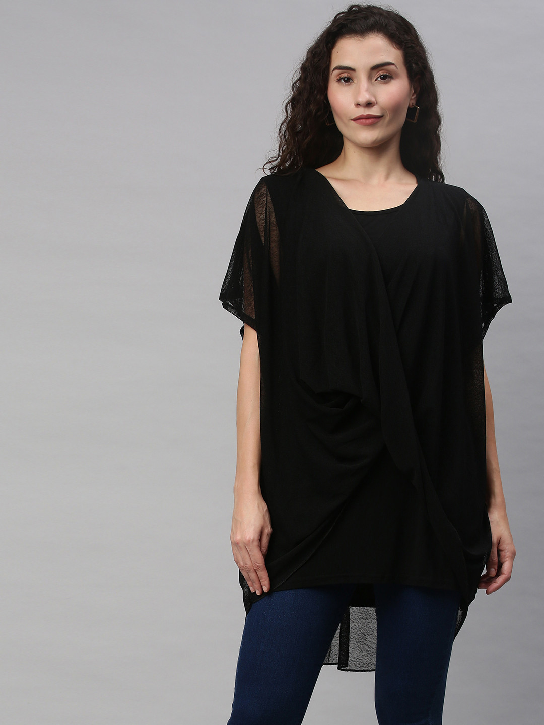RHHENSO Women Black Semi-Sheer Vegan Layered Kaftan Top with an Inner