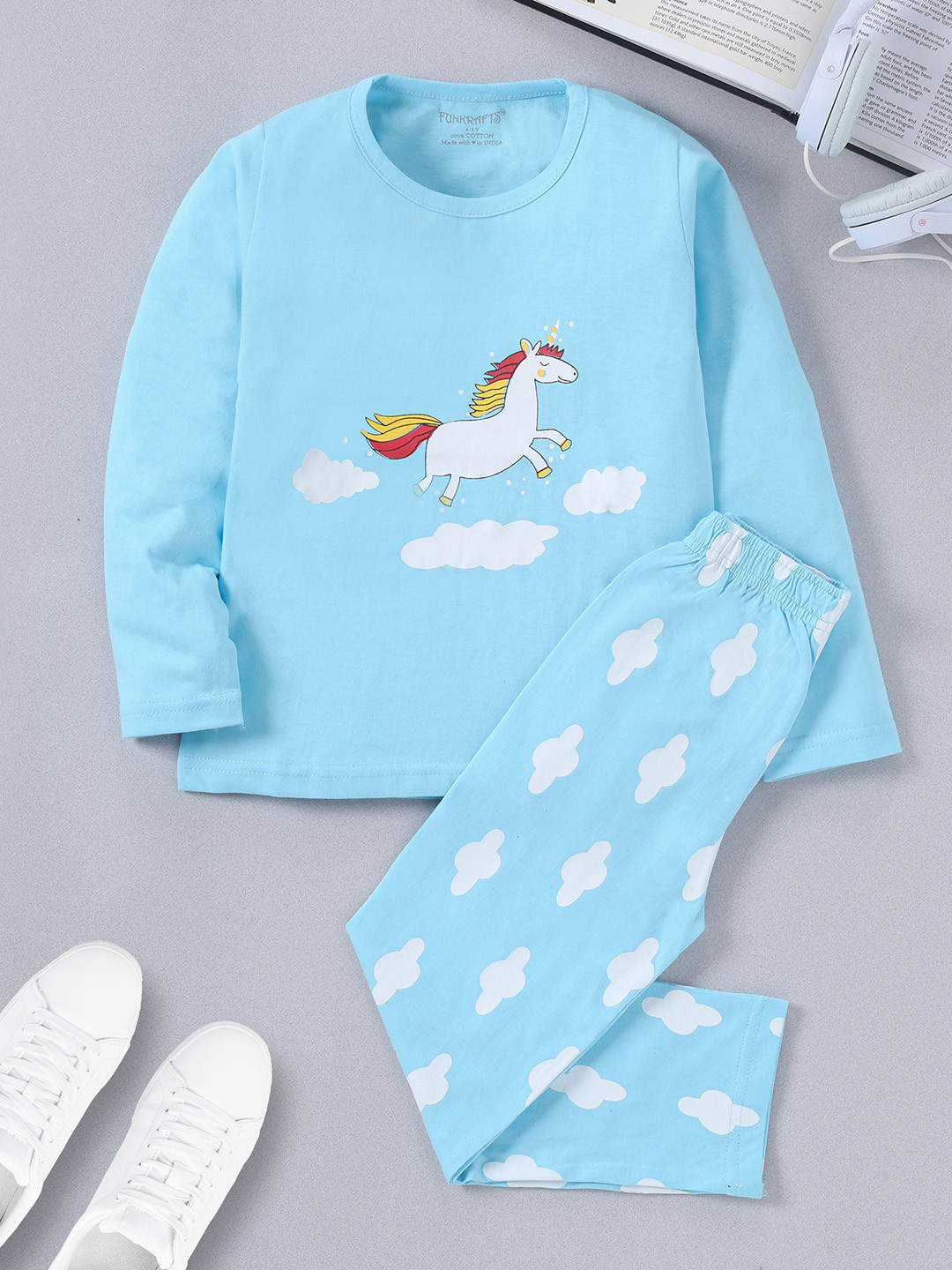 FUNKRAFTS Kids Blue & White Unicorn Screen Printed Night Suit FUNKSW46