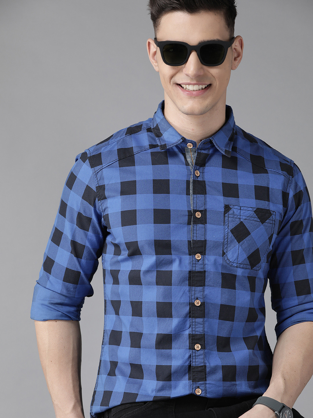 BEAT LONDON by PEPE JEANS Men Blue & Black Slim Fit Buffalo Checked Cotton Shirt