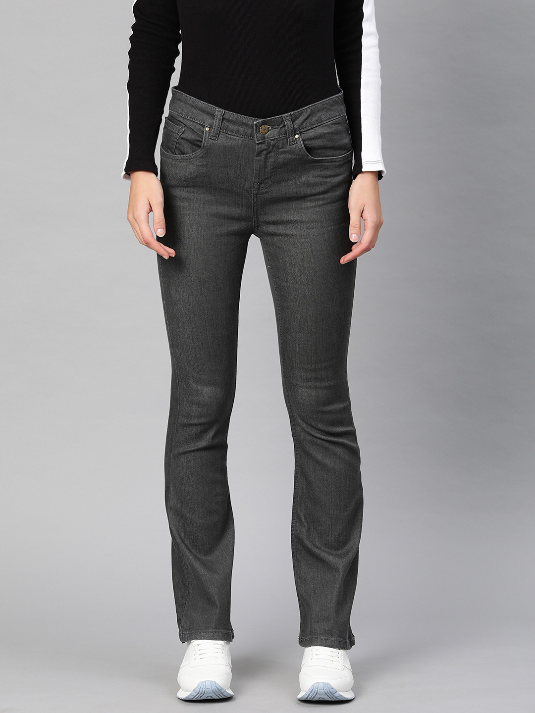 Enviously Young Women Charcoal Grey Bootcut Mid-Rise Clean Look Stretchable Jeans