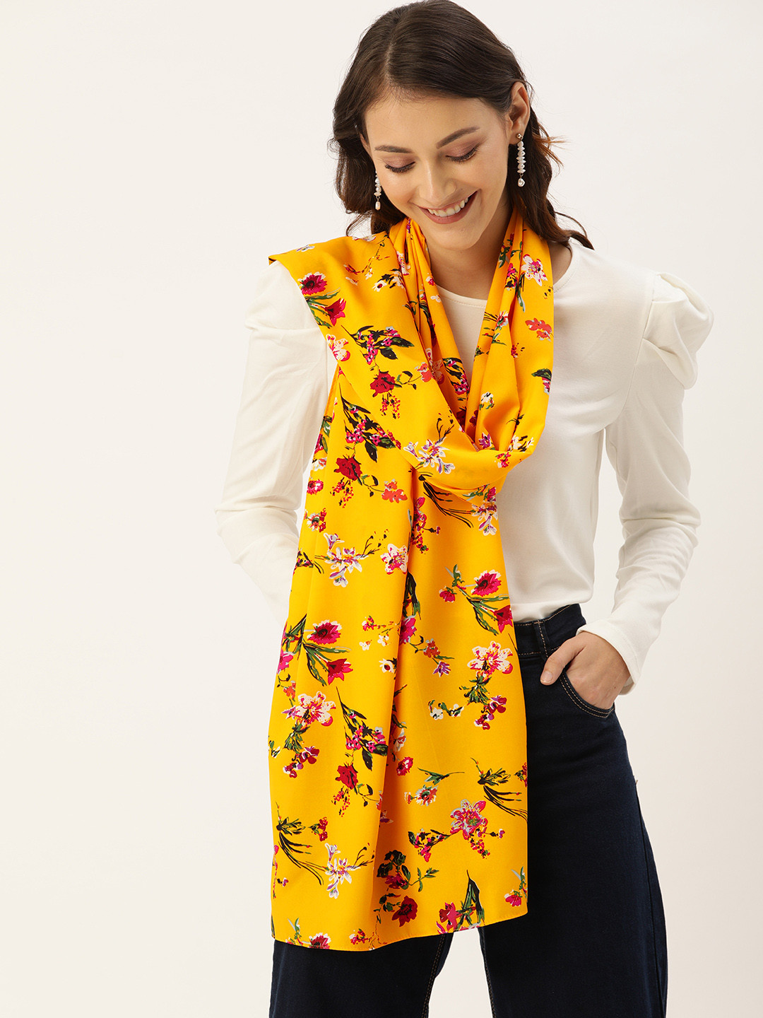 DressBerry Women Mustard & Pink Printed Scarf
