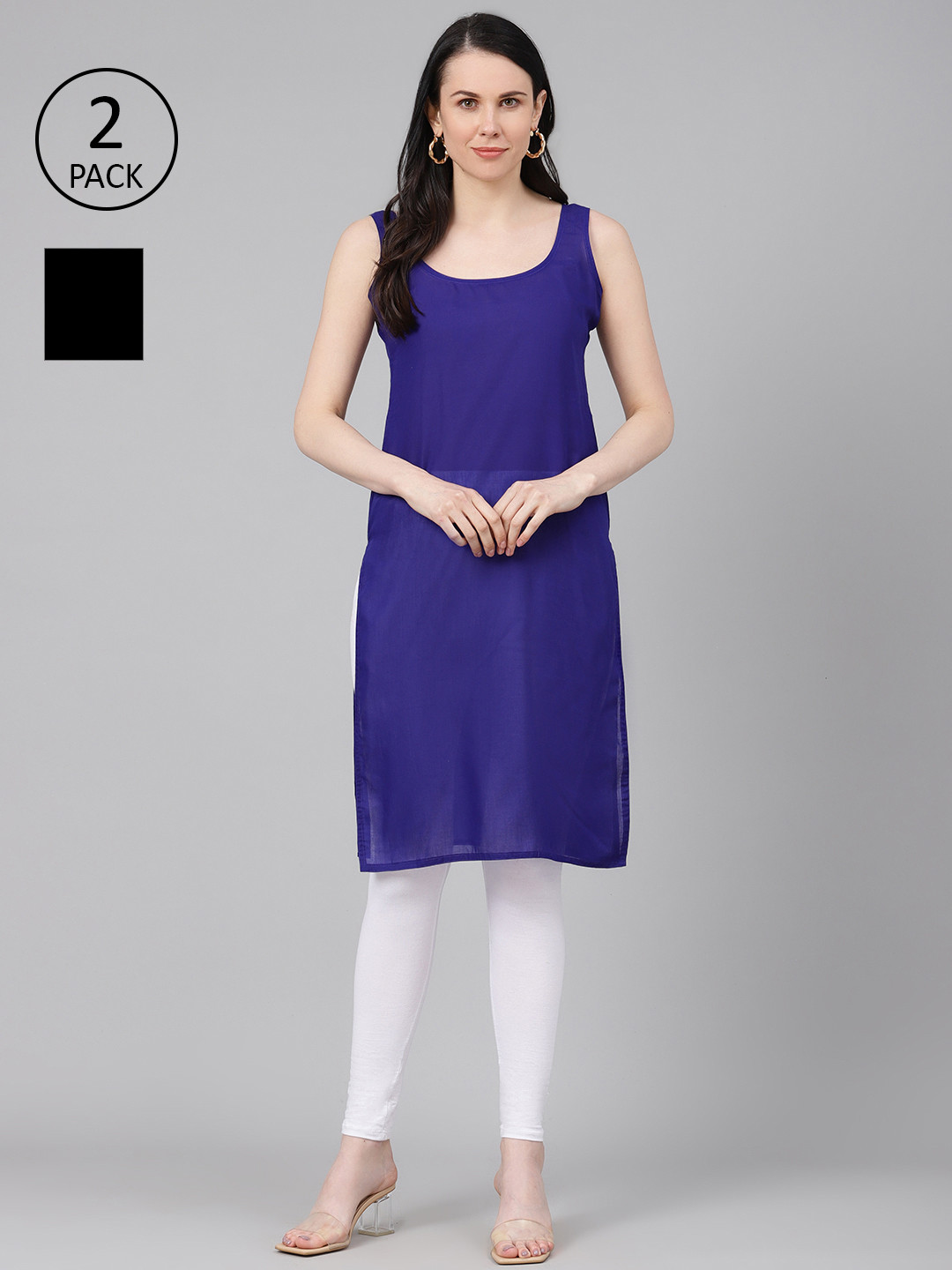 ADA Women Black and Royal Blue Pack of 2 Pure Cotton Solid Handloom Slips