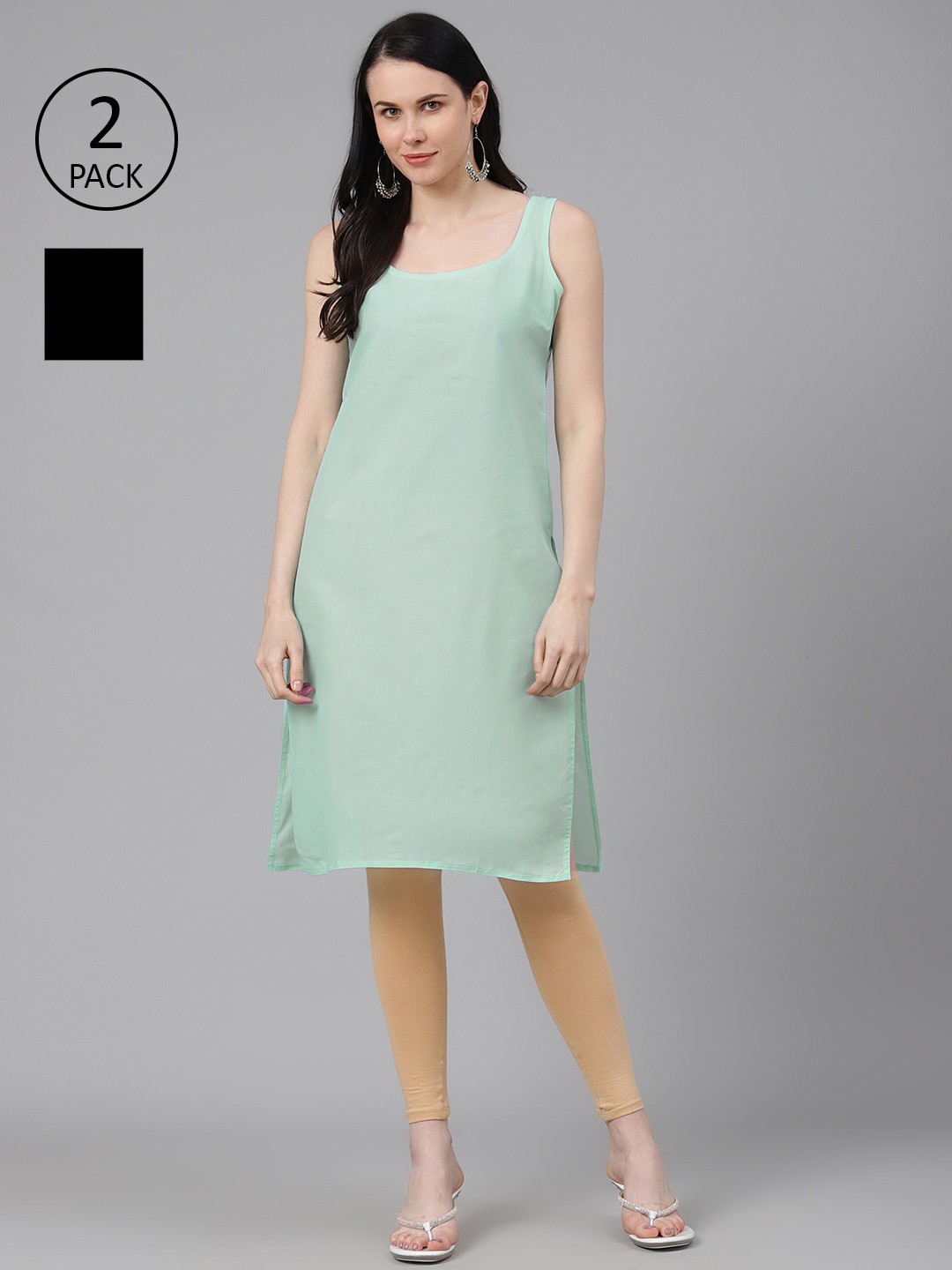 ADA Women Sea Green & Black Pack of 2 Pure Cotton Solid Sustainable Handloom Slips