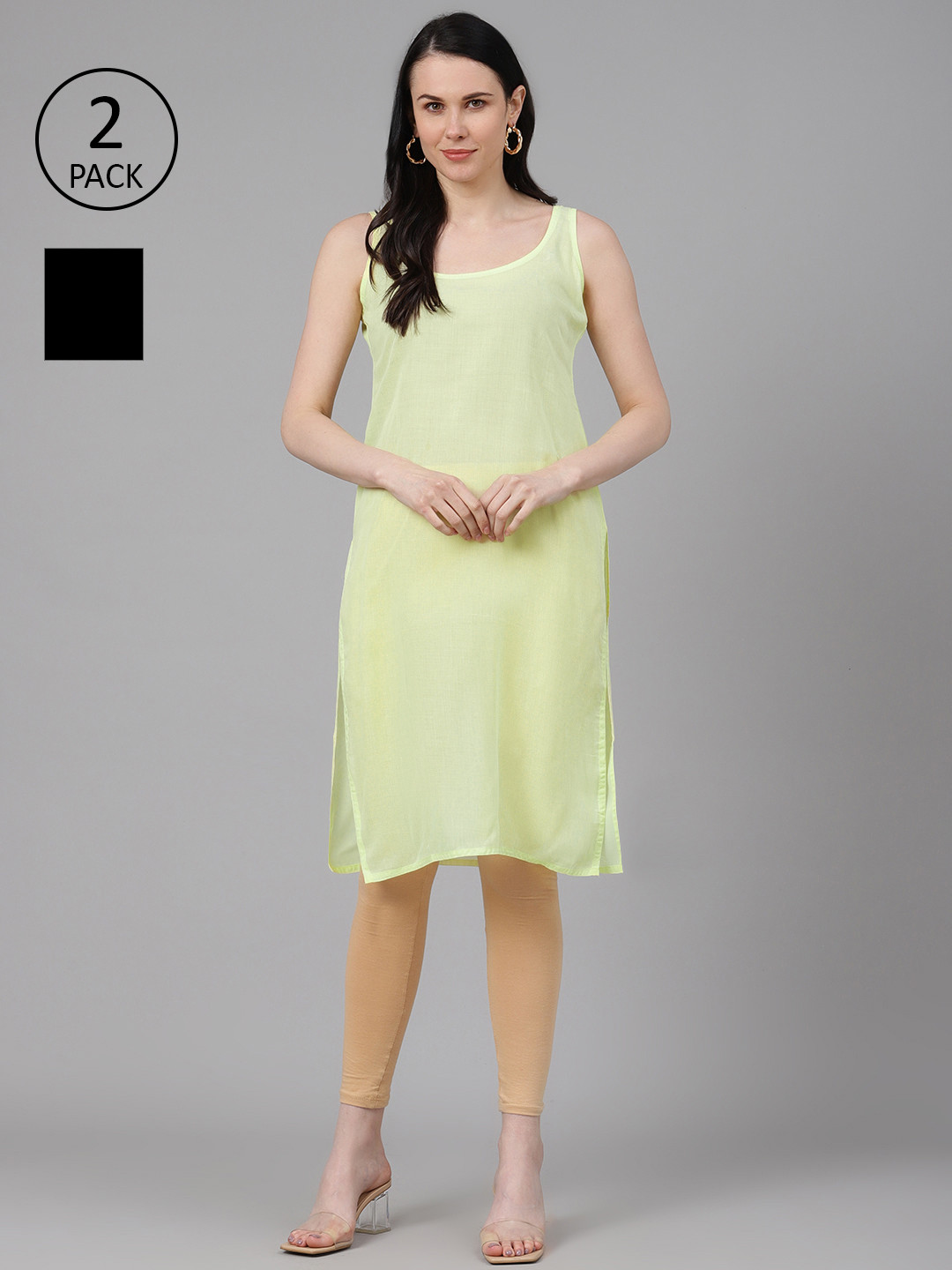 ADA Women Green & Black Pack of 2 Pure Cotton Solid Slips