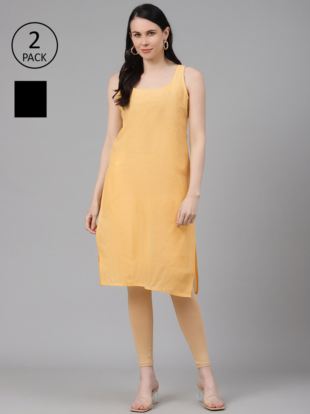 ADA Women Black & Dark Fawn Pack of 2 Solid Handloom Slips