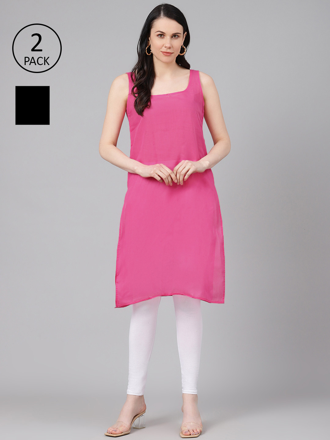 ADA Women Black and Onion Pink Pack of 2 Solid Handloom Slips